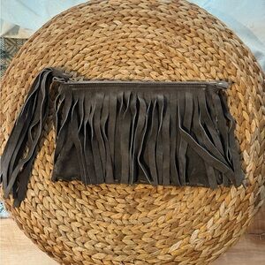 Fringe suede clutch dark grey